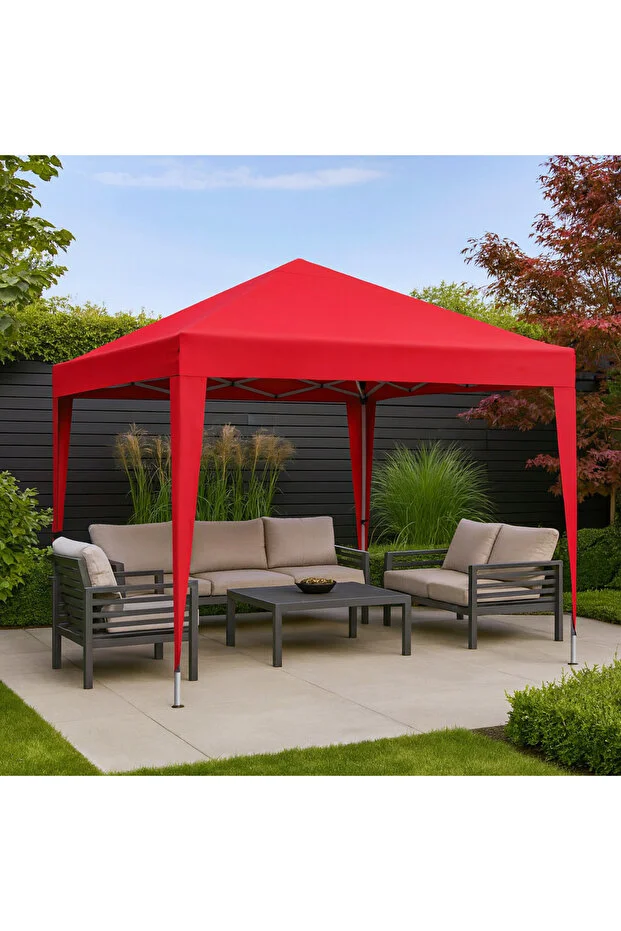 Otomatik Gazebo Çardak 300 X 300 Cm Tente Teras Bahçe Kamelyası Gölgelik Kırmızı